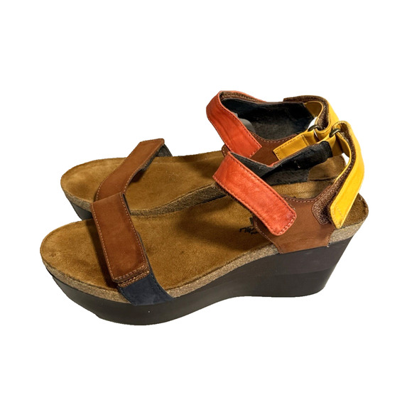 New NAOT Miracle Hawaiian Brown Orange Sunshine Wedge Sandal Womens Size 9 - Picture 1 of 11